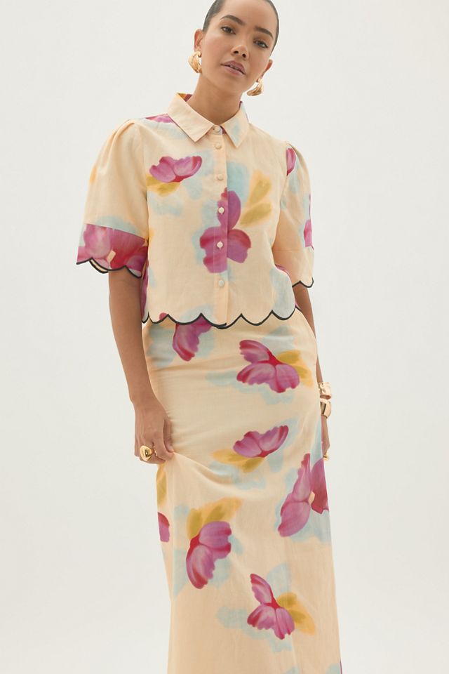 By Anthropologie Maxi-Rock aus Baumwoll-Leinen mit Blumenmuster und Bogenkante #2