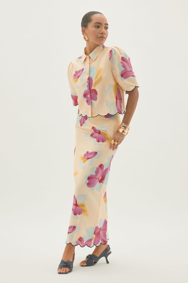 By Anthropologie Maxi-Rock aus Baumwoll-Leinen mit Blumenmuster und Bogenkante #3