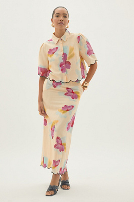 By Anthropologie Cotton-linen Floral Scallop Maxi Skirt In Multi