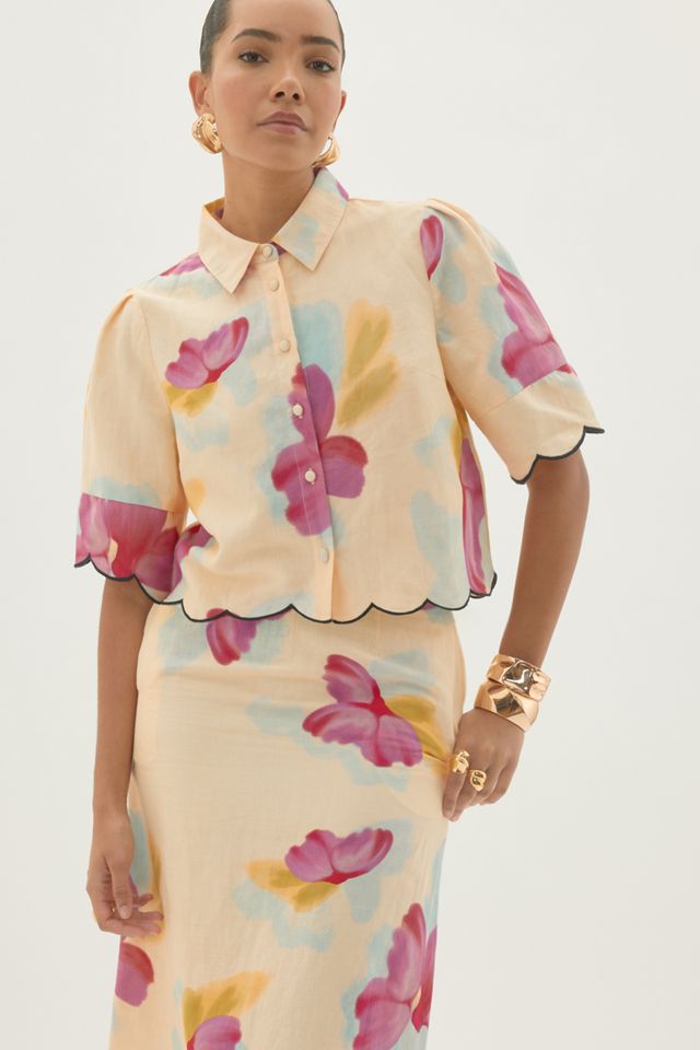 By Anthropologie Maxi-Rock aus Baumwoll-Leinen mit Blumenmuster und Bogenkante #4