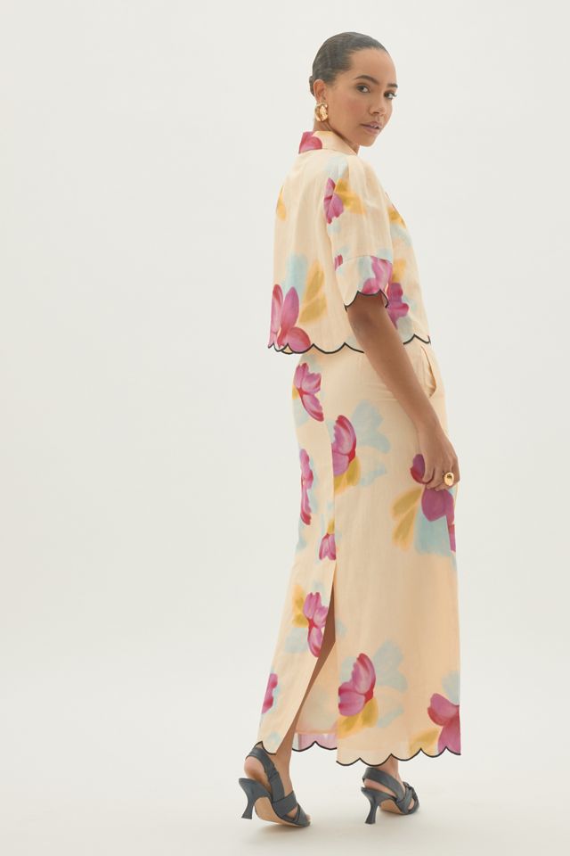 By Anthropologie Maxi-Rock aus Baumwoll-Leinen mit Blumenmuster und Bogenkante #1