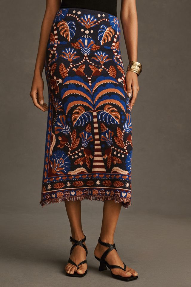 Farm Rio Nature Beauty Blue Scarf Knit Midi Skirt | Anthropologie