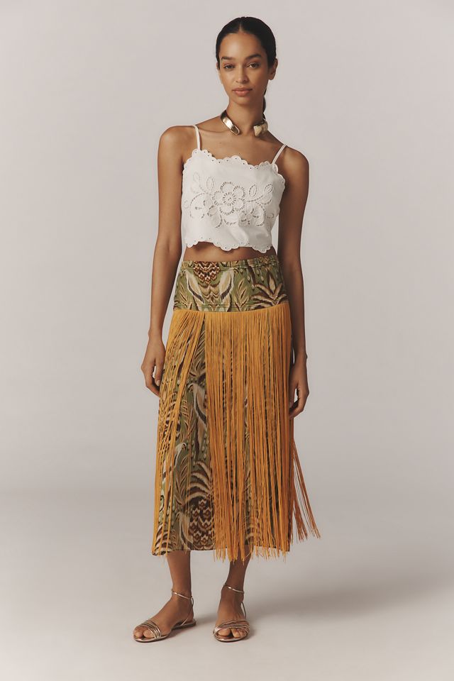 Farm Rio Pineapple Tapestry Fringe Printed Satin Midi Skirt #2