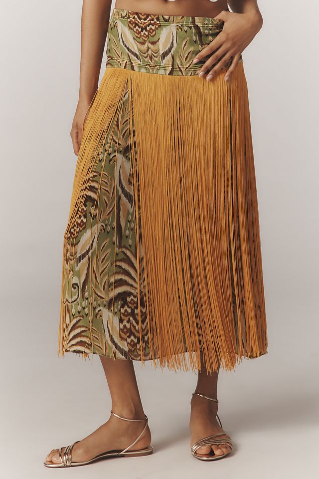 Farm Rio Pineapple Tapestry Fringe Printed Satin Midi Skirt #3