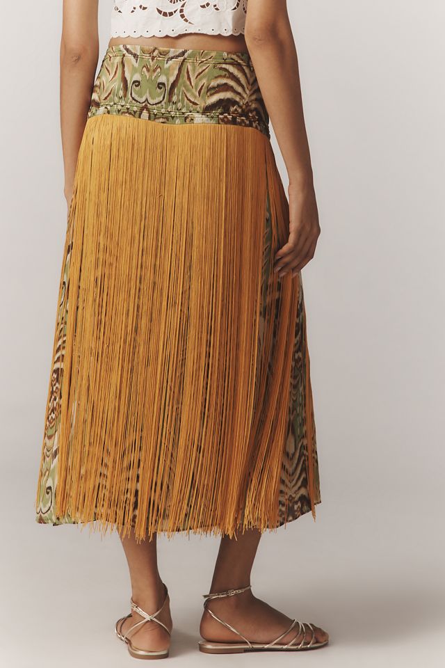 Farm Rio Pineapple Tapestry Fringe Printed Satin Midi Skirt #4