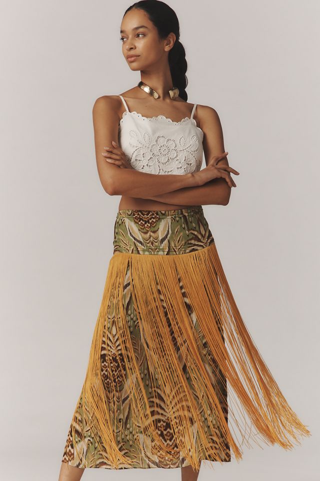 Farm Rio Pineapple Tapestry Fringe Printed Satin Midi Skirt #1