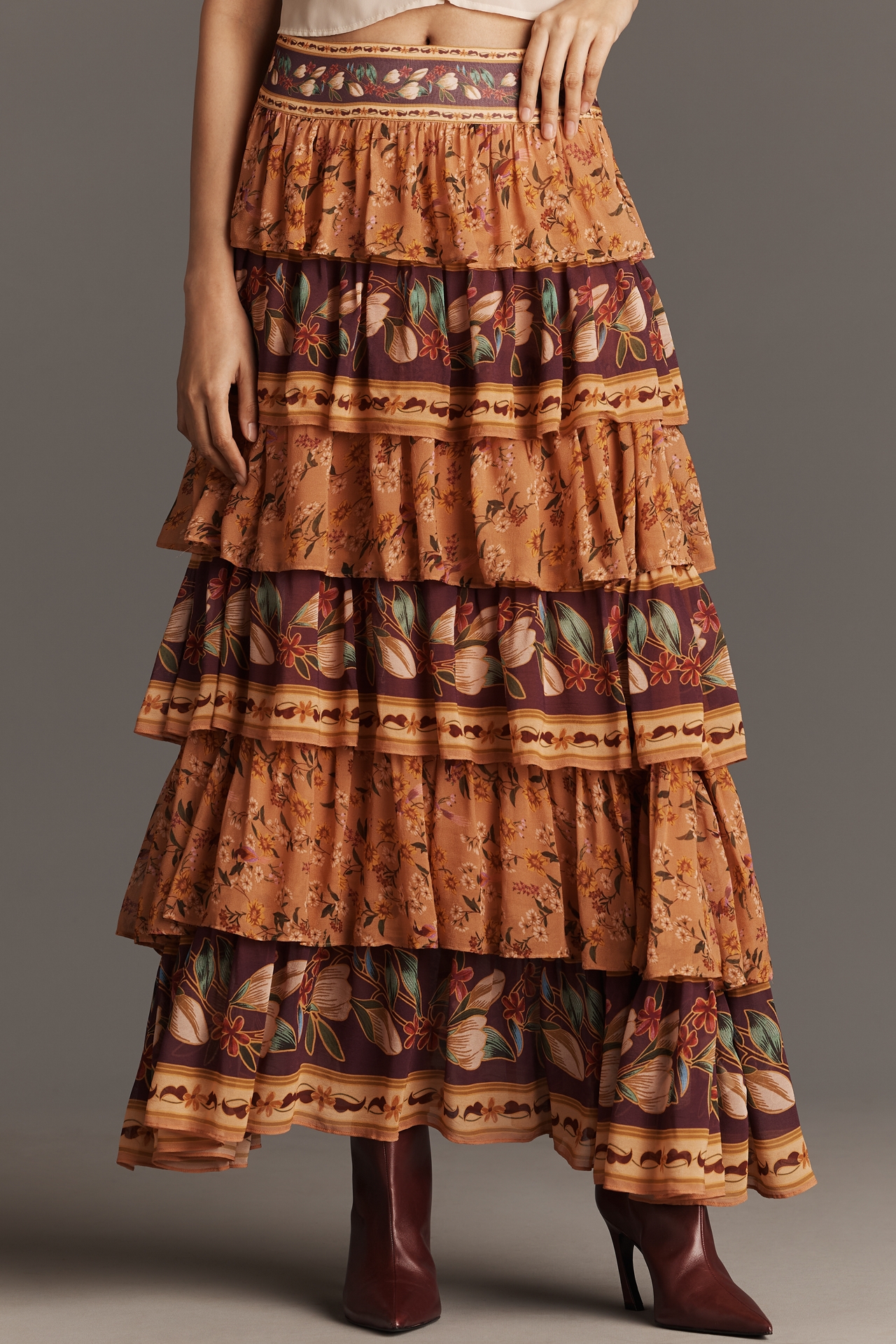 Farm Rio Colorful Birds Tiered Maxi Skirt