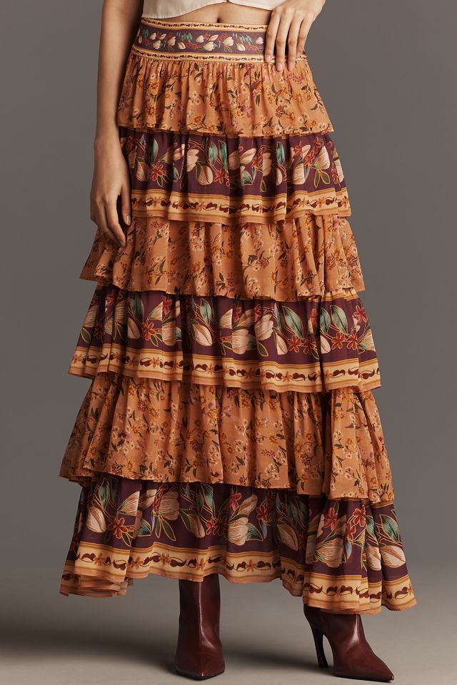 Farm Rio Colorful Birds Tiered Maxi Skirt #1