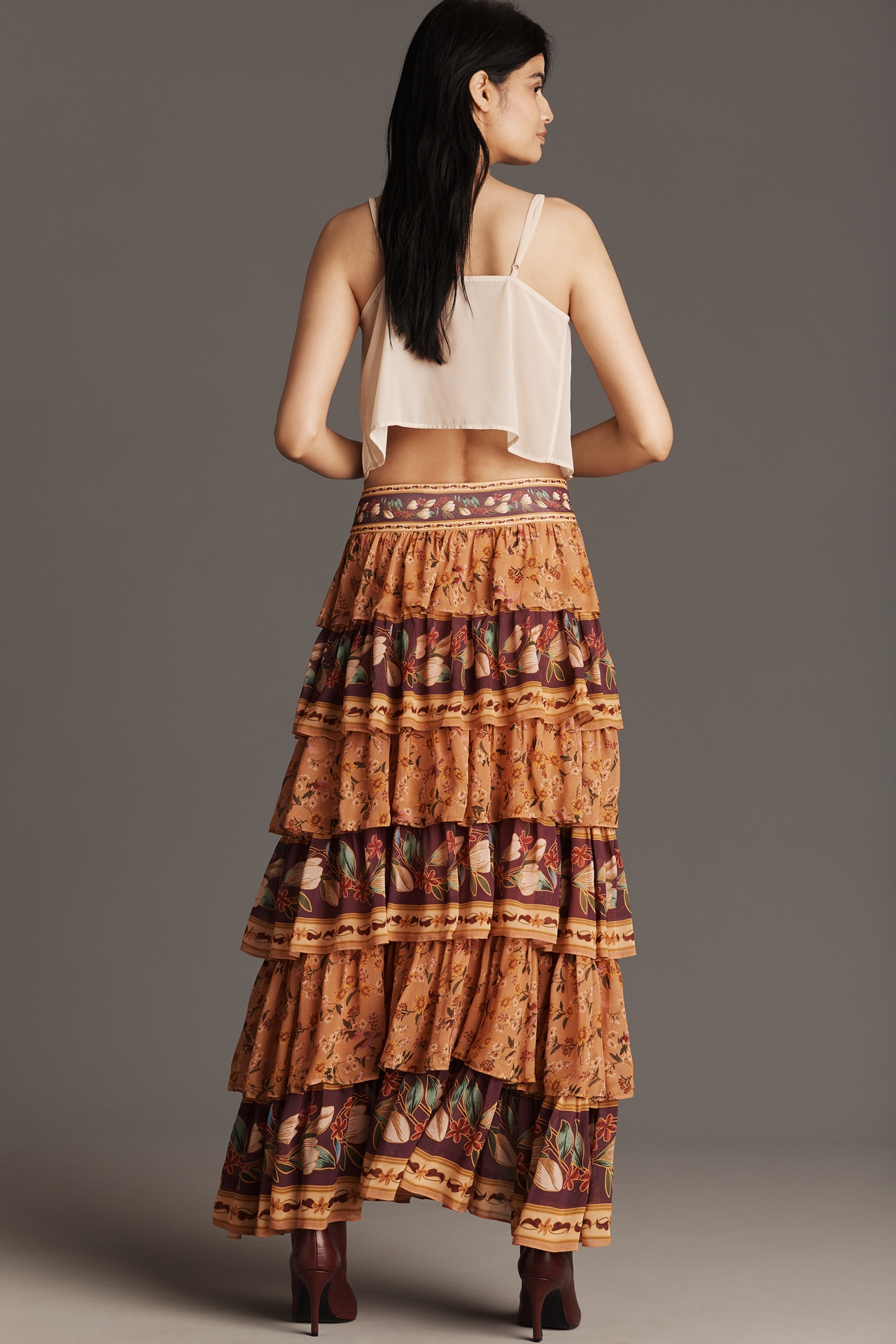 Farm Rio Colorful Birds Tiered Maxi Skirt