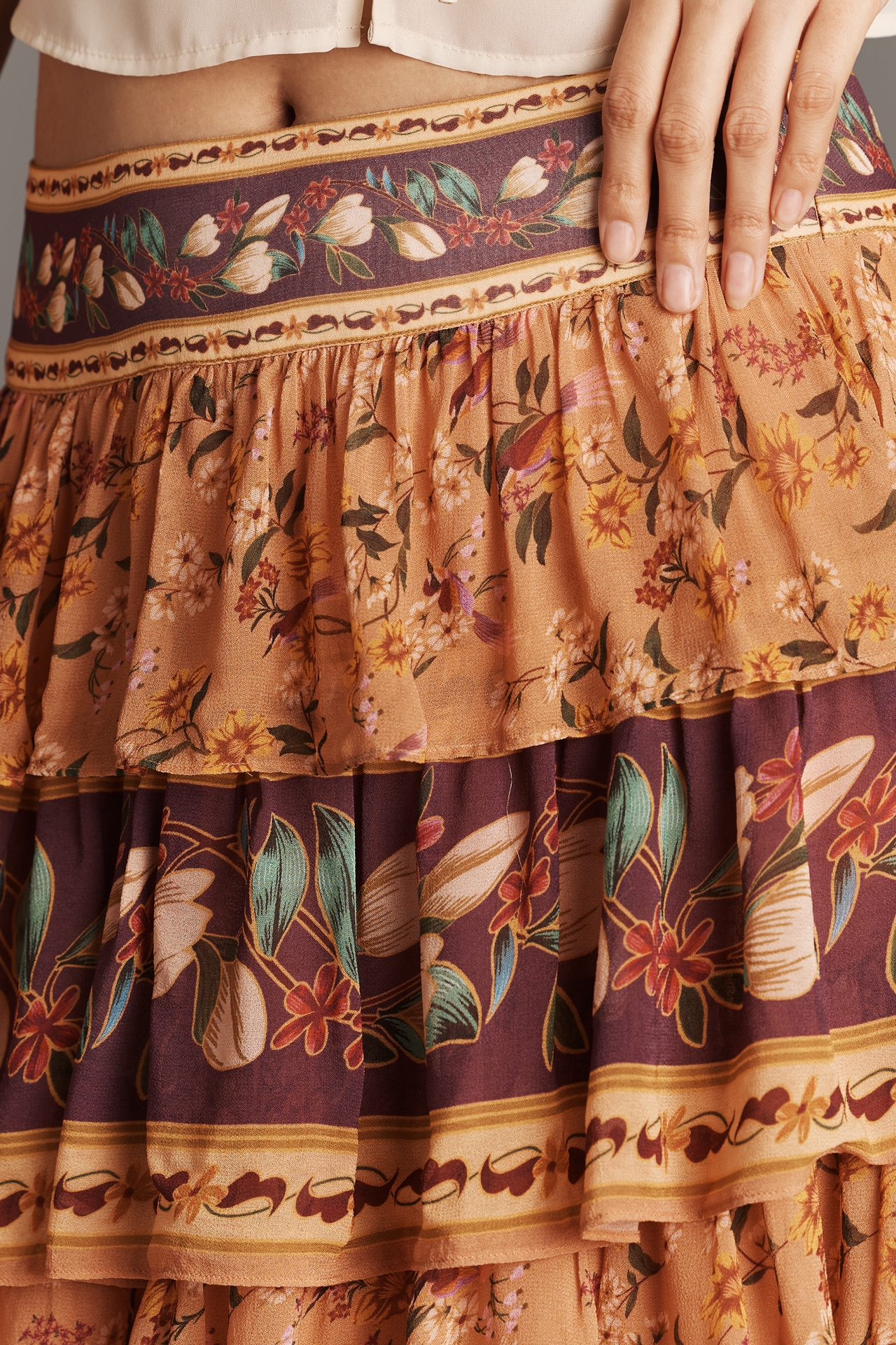 Farm Rio Colorful Birds Tiered Maxi Skirt