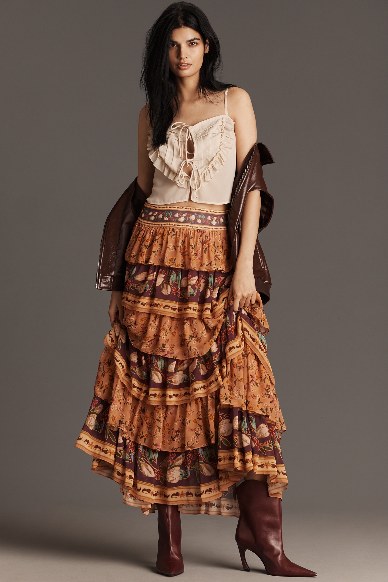 Farm Rio Colorful Birds Tiered Maxi Skirt