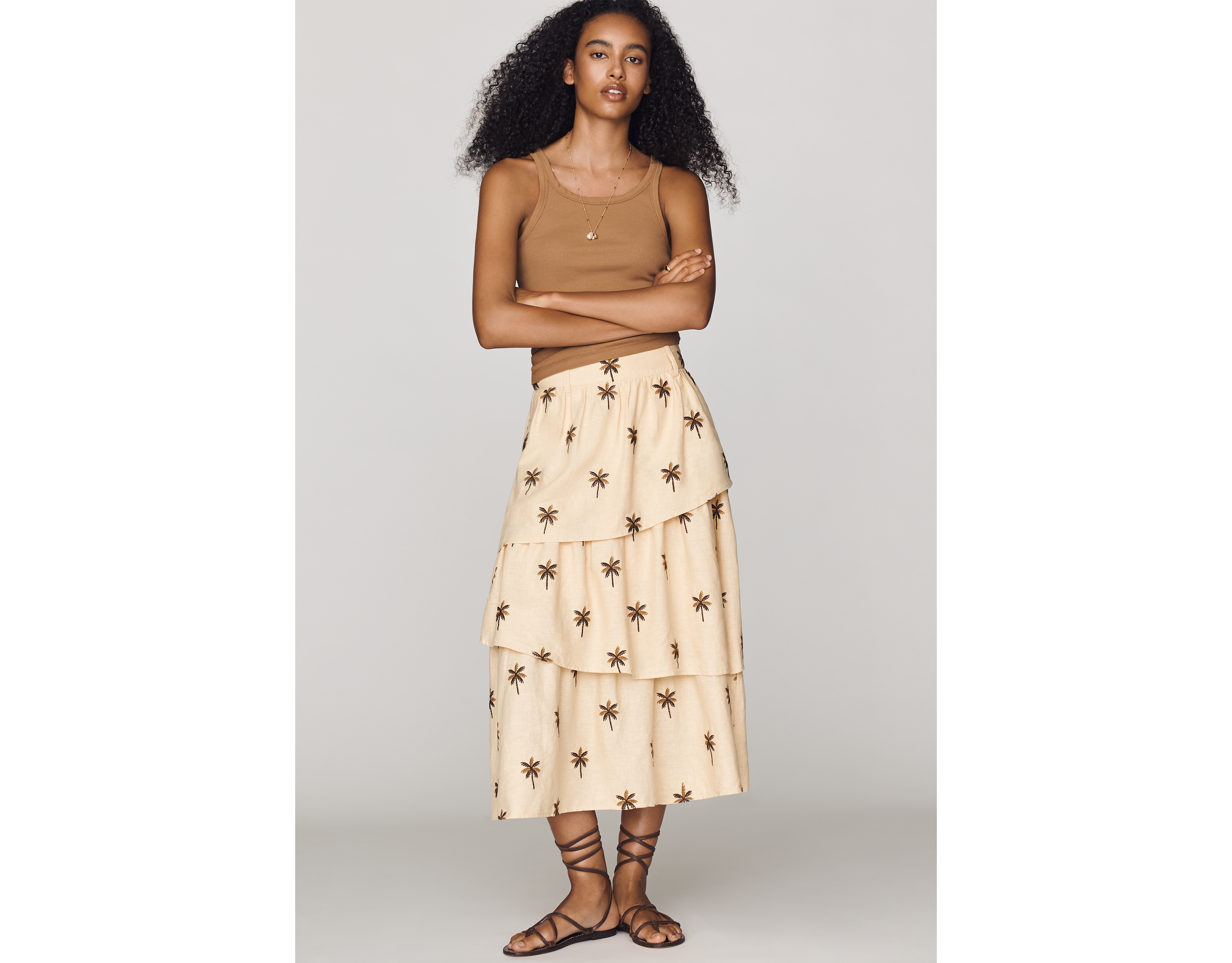 Farm Rio Linen Blend Embroidered Sand Midi Skirt