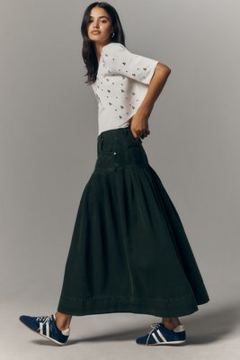 Pilcro Pleated Basque-waist Denim Midi Skirt In Green