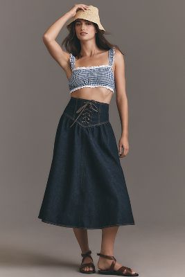 Lace-Up Drop-Waist Denim Midi Skirt