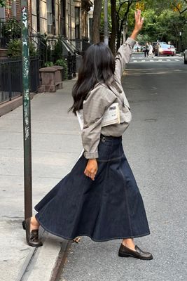 Maeve Twyla Paneled-Denim Midi Skirt