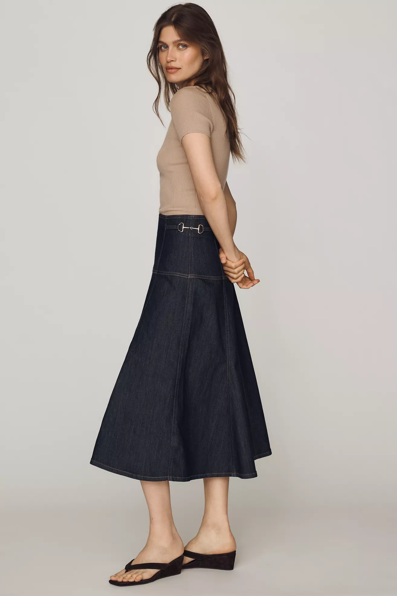 Maeve Twyla Paneled-Denim Midi Skirt