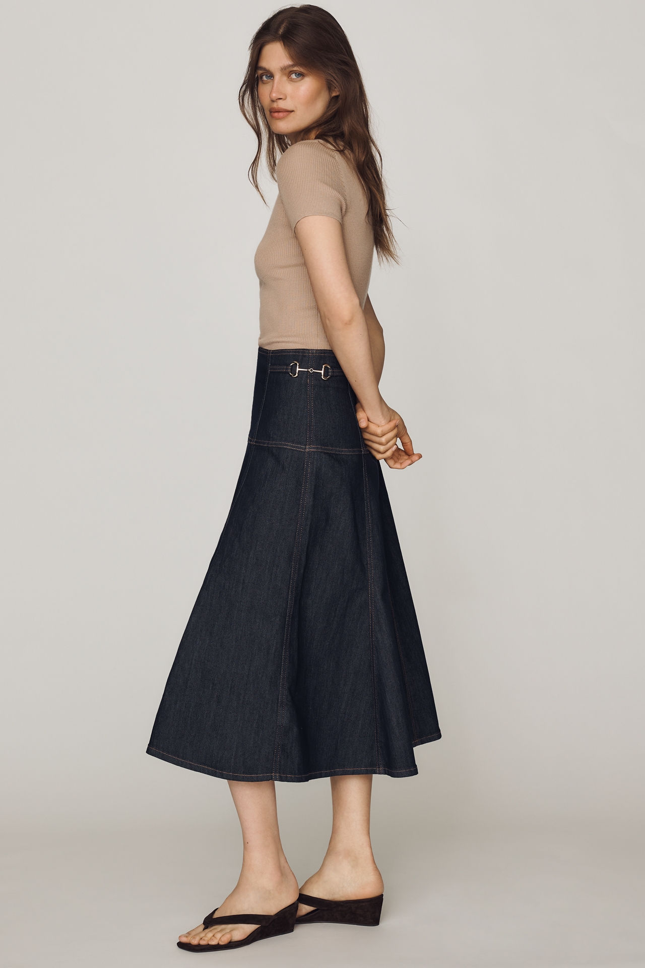 Maeve Twyla Paneled-Denim Midi Skirt
