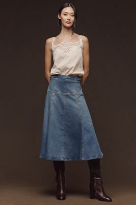 Maeve Twyla Paneled-Denim Midi Skirt