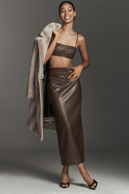 Nia Elodie Faux-leather Midi Skirt In Brown