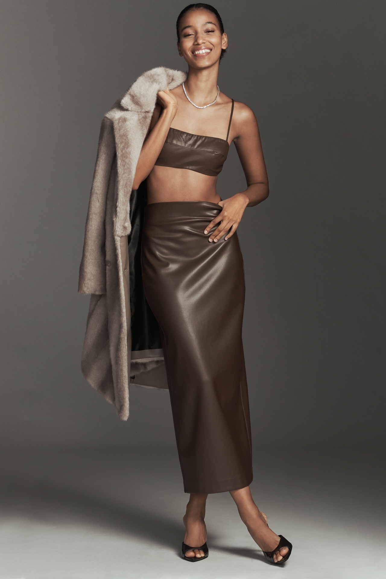 NIA Elodie Faux-Leather Midi Skirt