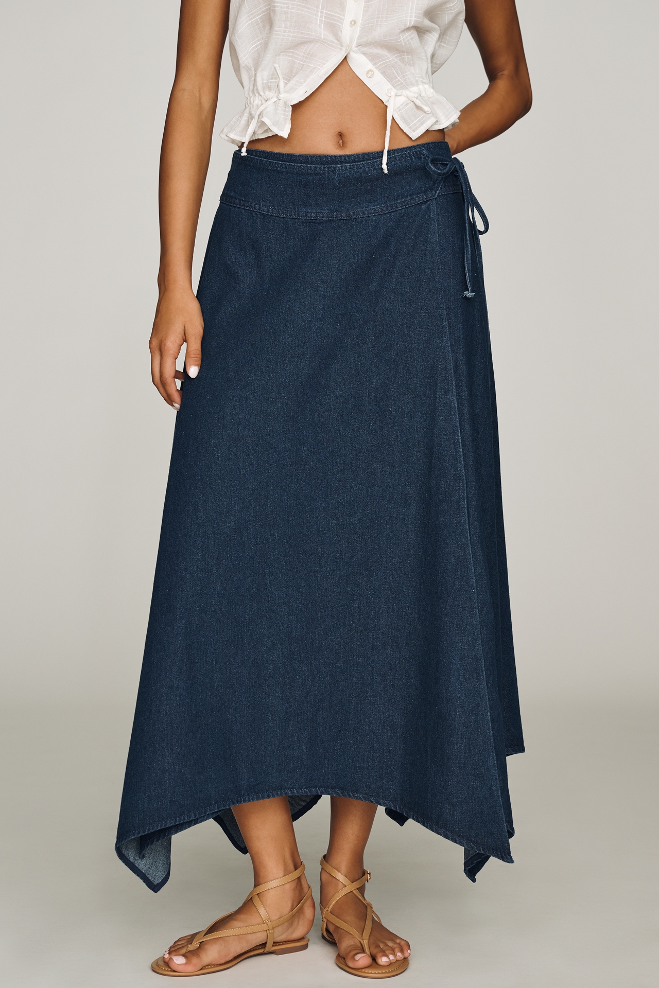 NIA Asymmetrical Denim Midi Skirt