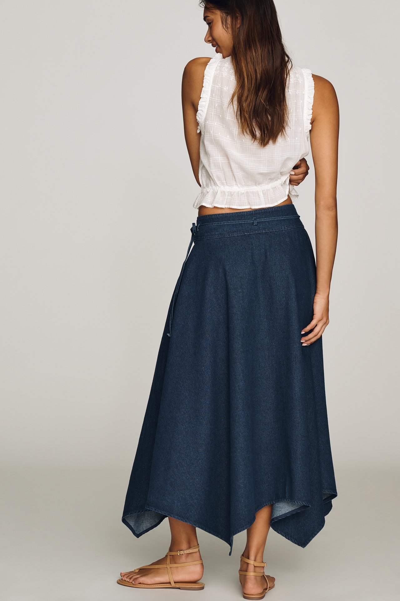 NIA Asymmetrical Denim Midi Skirt