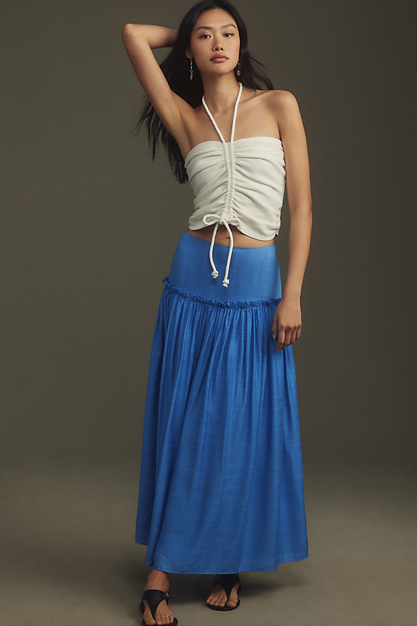 Flat White Drop-waist Maxi Skirt In Blue