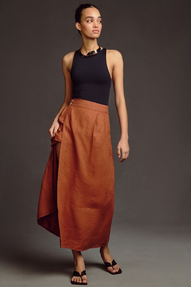 By Anthropologie Linen Wrap Skirt |