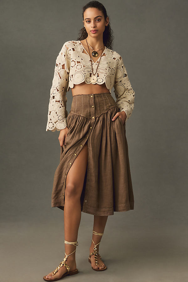 By Anthropologie Linen Pleated Yoke-Waist Midi Skirt