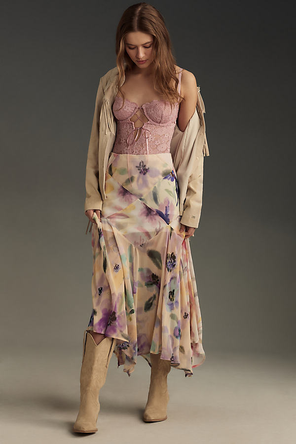 By Anthropologie Asymmetrical Painterly Floral Midi Skirt