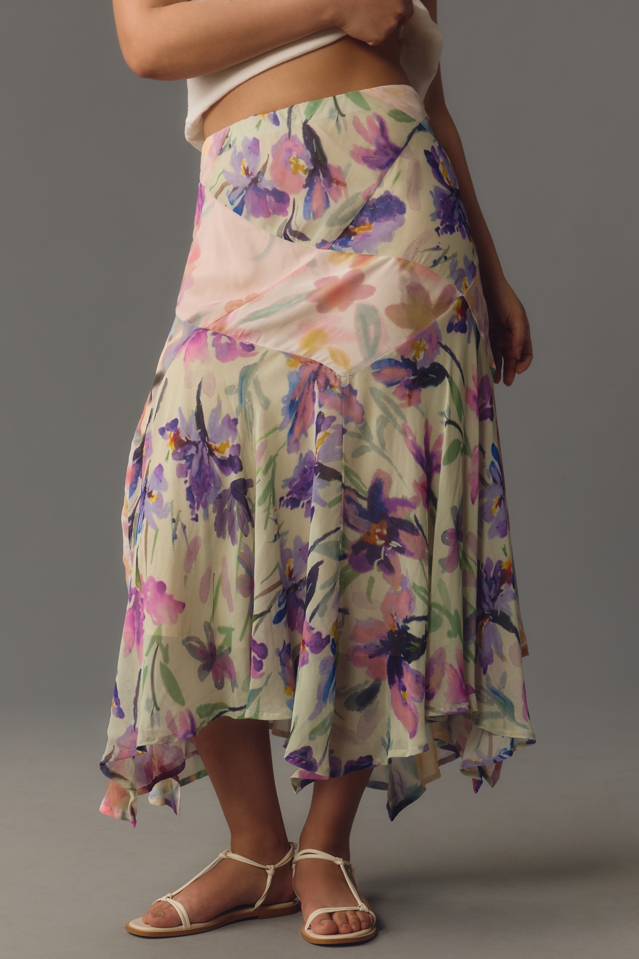 By Anthropologie Asymmetrical Painterly Floral Midi Skirt