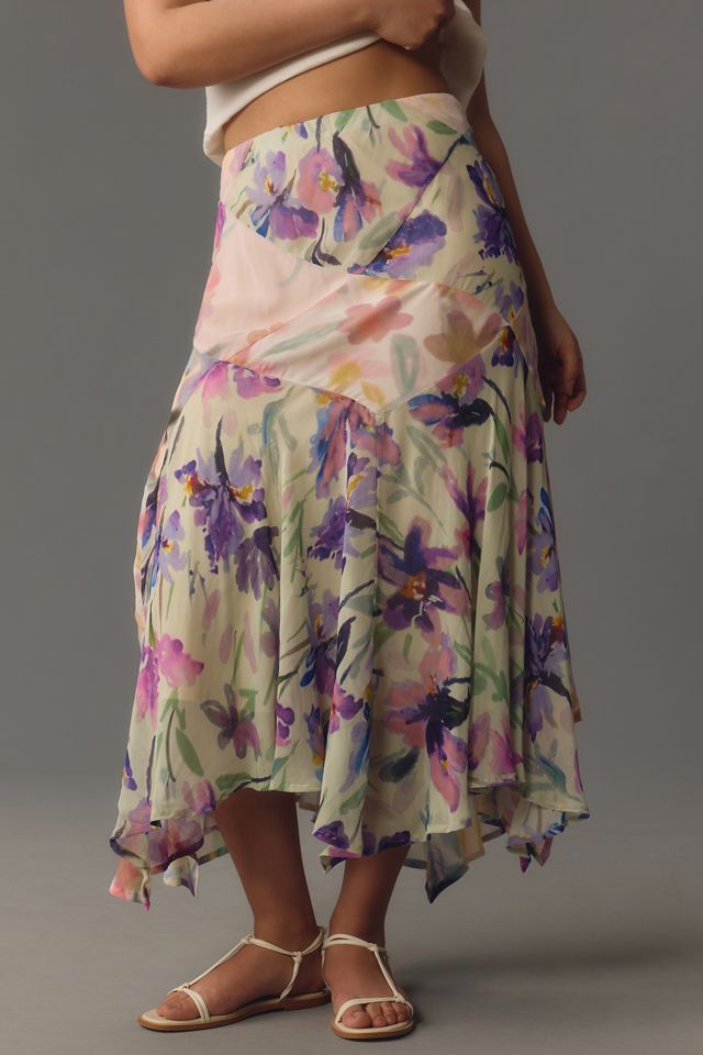 By Anthropologie Asymmetric Painterly Floral Midi Skirt #7