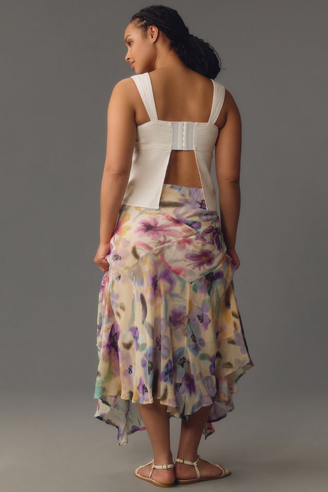 By Anthropologie Asymmetric Painterly Floral Midi Skirt #8