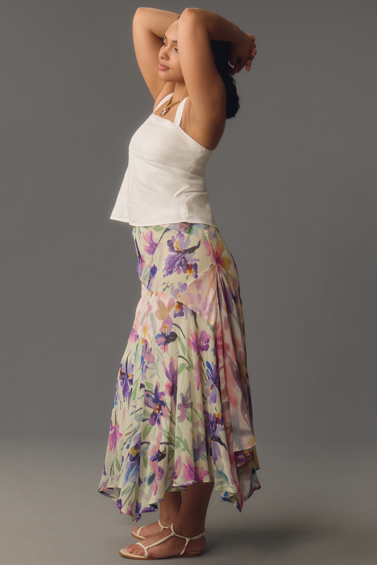 By Anthropologie Asymmetrical Painterly Floral Midi Skirt