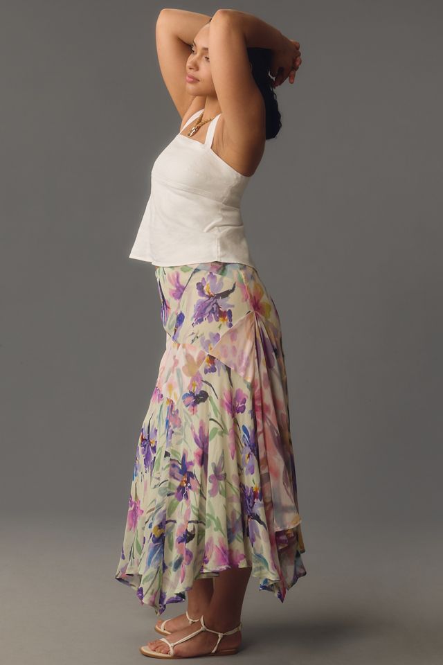 By Anthropologie Asymmetric Painterly Floral Midi Skirt #9