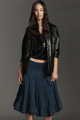 Pilcro The Reese Smocked Denim Pull-on Midi Skirt In Black