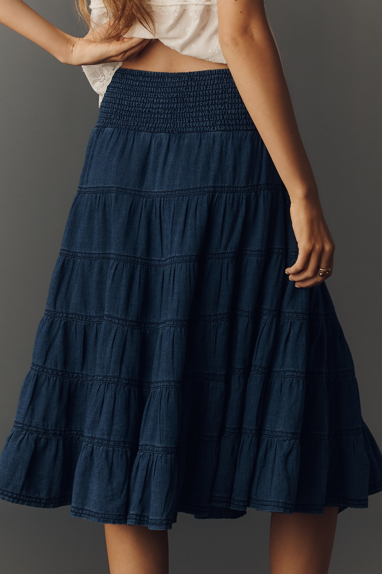 The Reese Smocked Denim Pull-On Midi Skirt