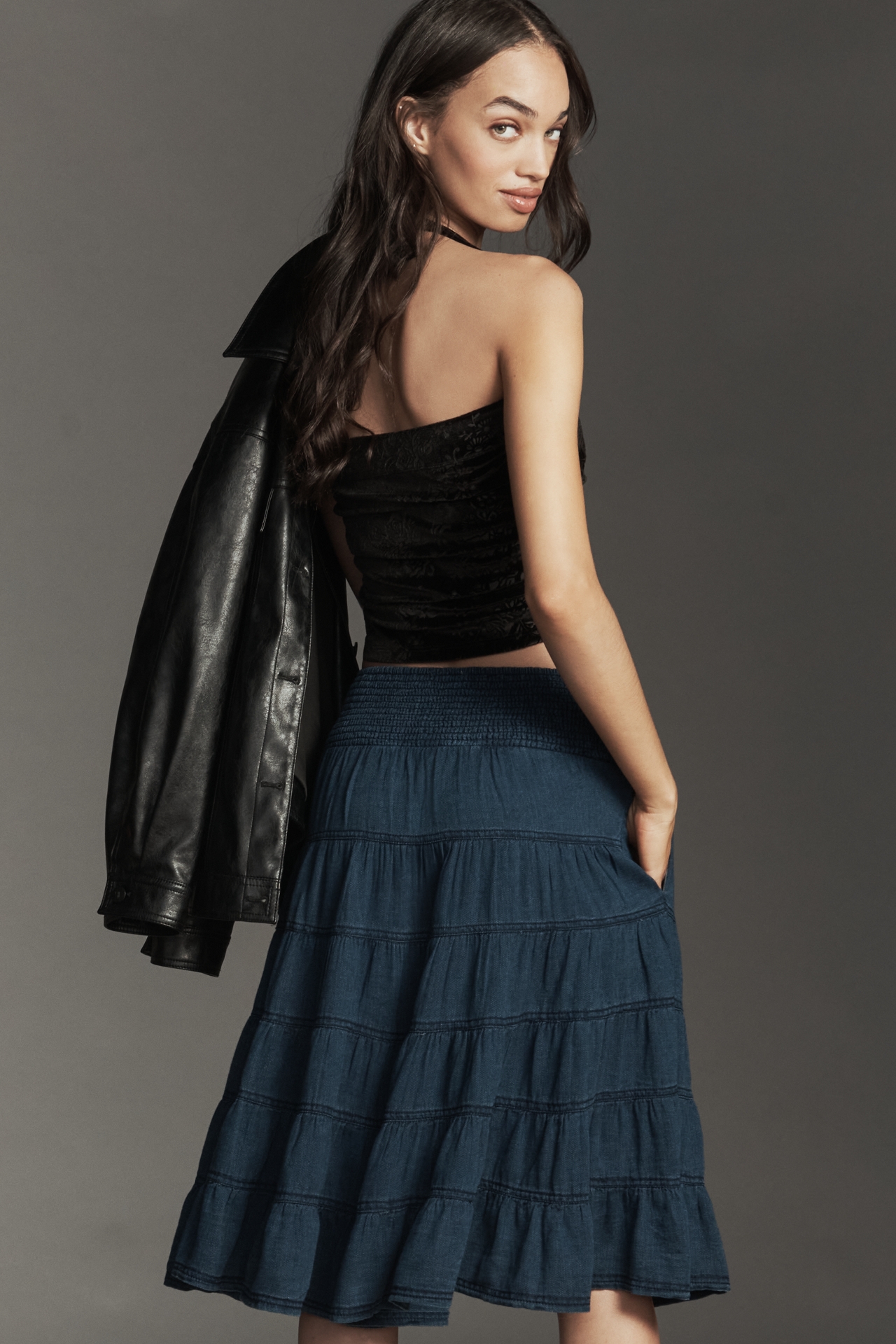 The Reese Smocked Denim Pull-On Midi Skirt