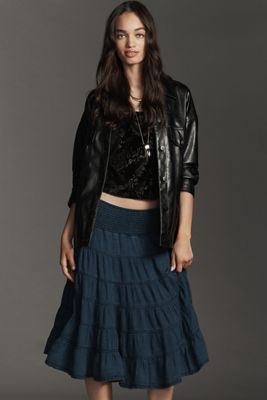 The Reese Smocked Denim Pull-On Midi Skirt