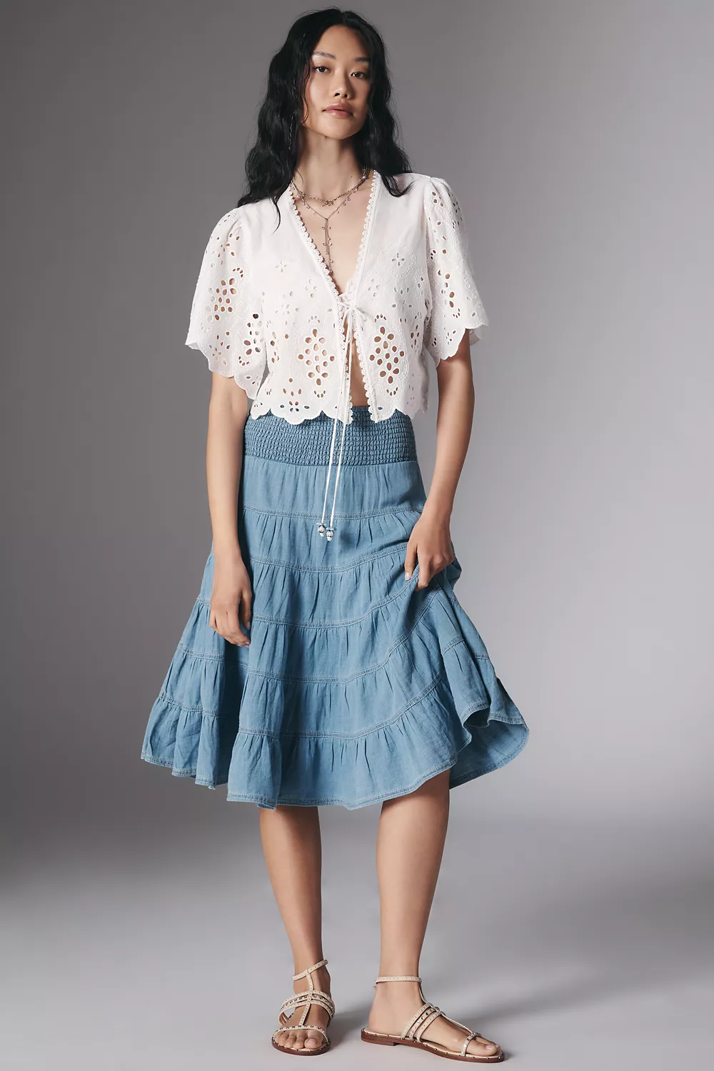 Reese Smocked Midi Skirt in Cross-Weave Cotton