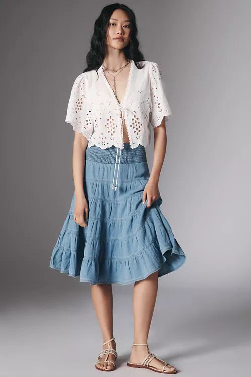 Reese Smocked Midi Skirt in Cross-Weave Cotton