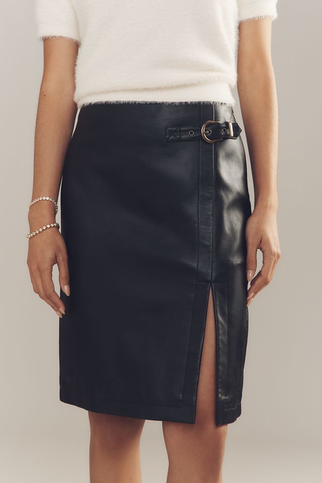Maeve Leather Buckle Side-Slit Knee-Length Skirt #1
