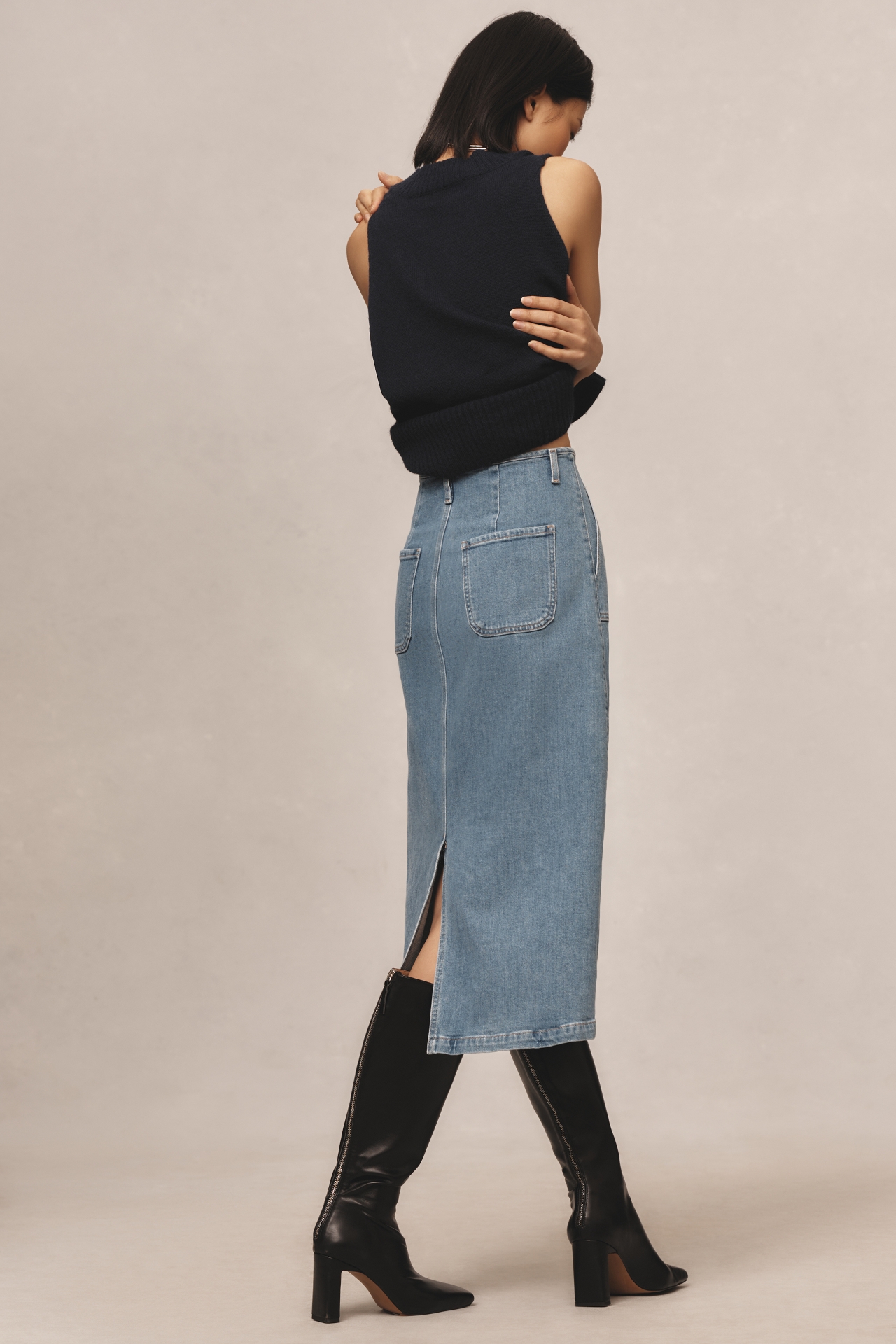 Le Jean Stardust Denim Midi Skirt