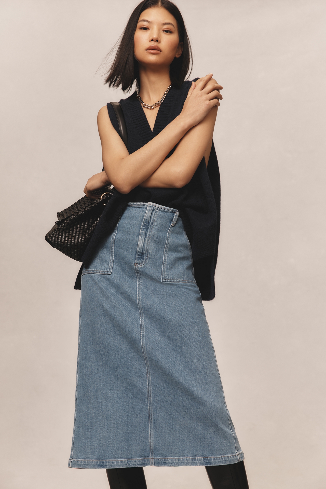 Le Jean Stardust Denim Midi Skirt