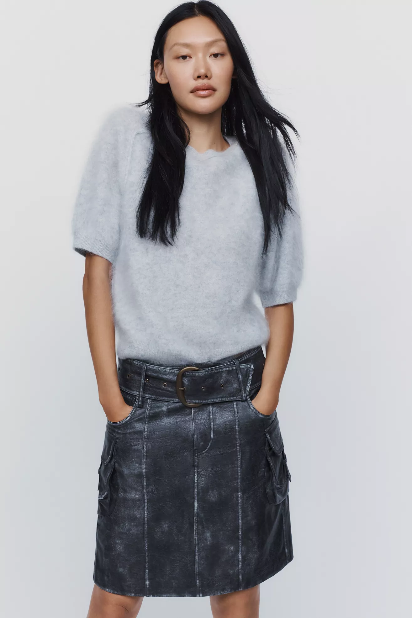 By Anthropologie Faux Leather Belted Skirt