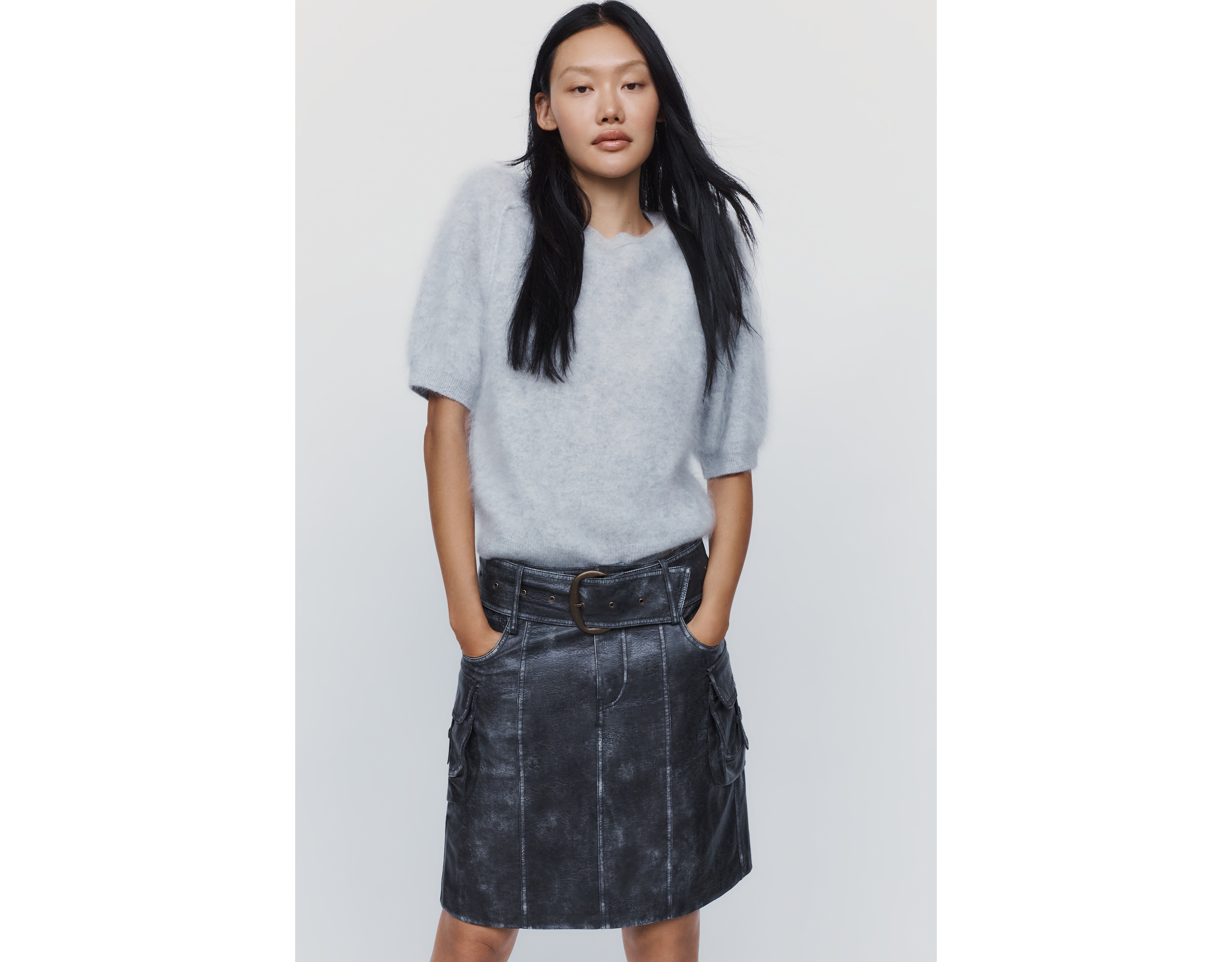 By Anthropologie Faux Leather Belted Skirt