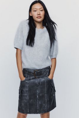 By Anthropologie Faux Leather Belted Skirt