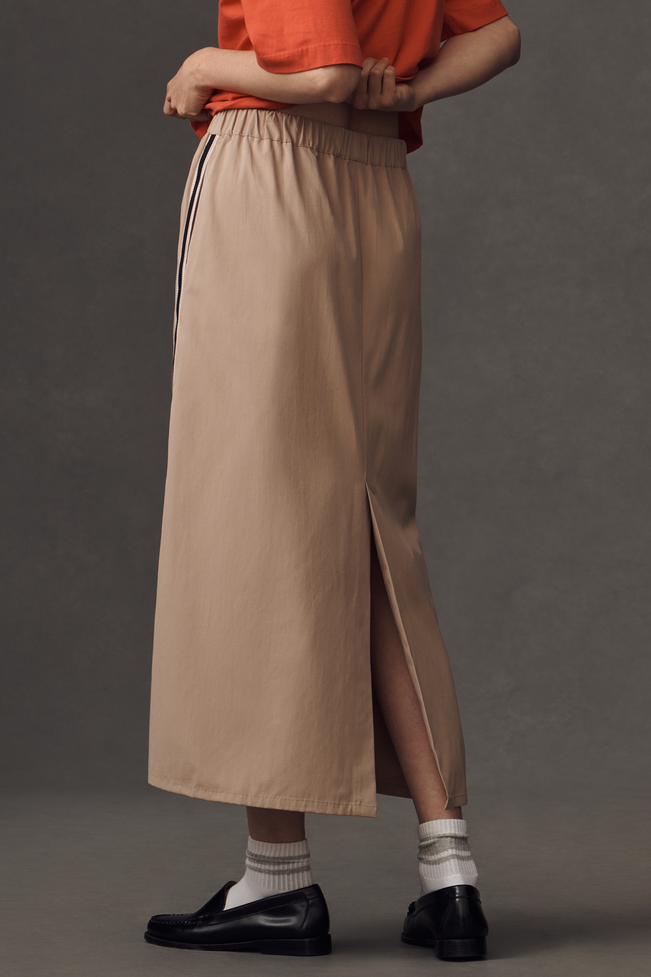 Maeve Sporty Side-Stripe Pull-On Midi Skirt