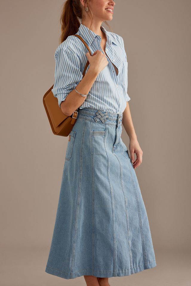 Maddie Midi High Waisted, Deep Pleated Denim Skirt by Seventy Mochi - Dark Americana, Washed Black