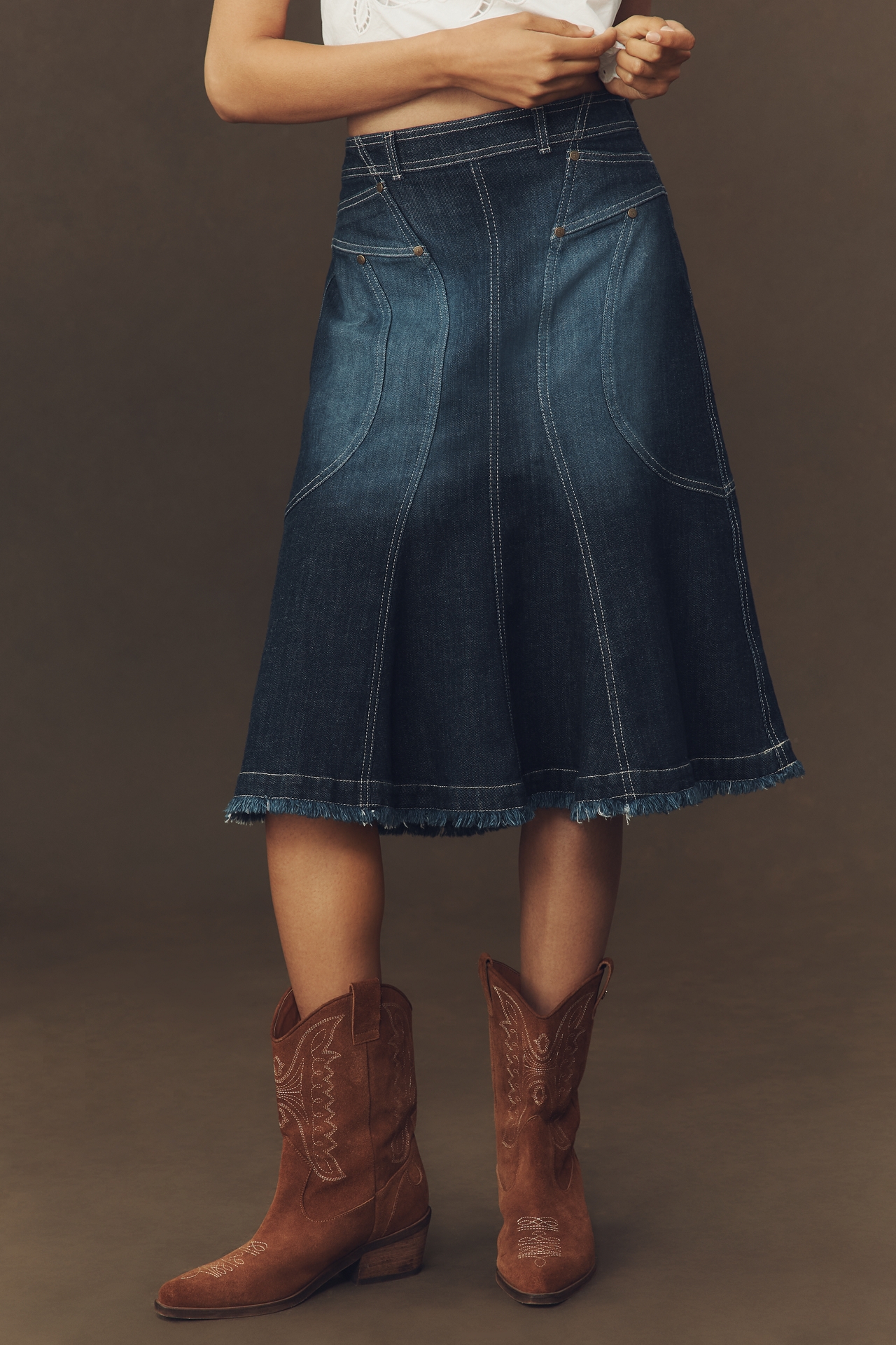 Pilcro Fluted Denim Midi Skirt